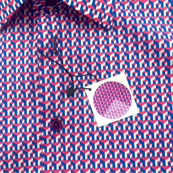 NWT COTON DOUX Paris Geo Print Button Front Shirt Cotton Poplin Pink Navy Blue - Picture 5 of 15